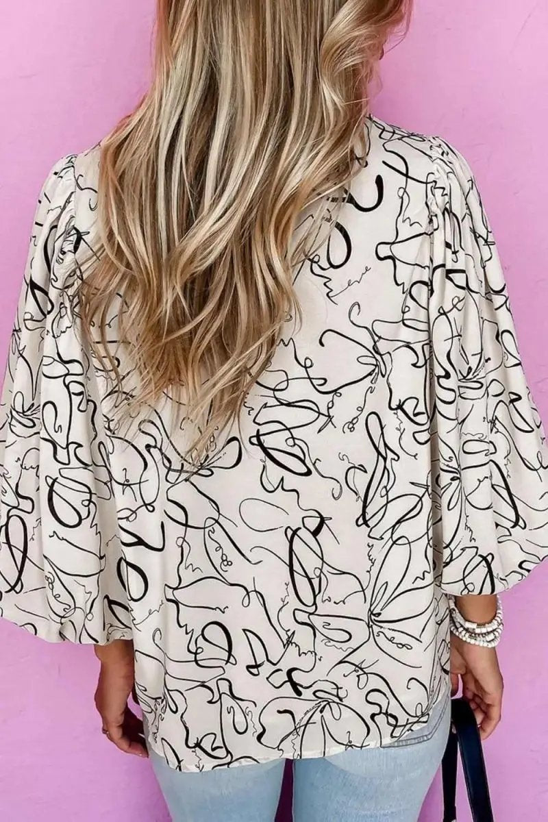 Printed Round Neck Three-Quarter Sleeve Blouse - Love Salve